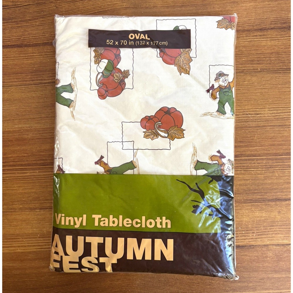 Kmart Autumn Fest Fall Vinyl Oval Tablecloth 52x70 Scarecrow Ivory Wipe Clean